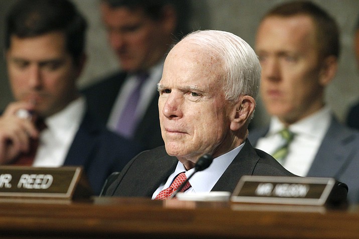 In this July 11, 2017, file photo, Senate Armed Services Committee Chairman Sen. John McCain, R-Ariz. listens on Capitol Hill in Washington, during the committee’s confirmation hearing for Nay Secretary nominee Richard Spencer. 