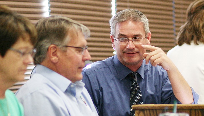 Cottonwood-Oak Creek School District Superintendent Steve King, pictured at right with David Snyder, the district’s director of business services. COCSD is seeking an extension of the current seven-year 10-percent override that the district uses to fund various programs. (Photo by Bill Helm)