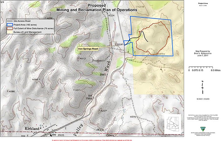 The proposed mine, a small-to-midsized quarry-type operation, will encompass 76 of the 164 acres of public lands. According to Kirkland Mining Company officials, no blasting or use of chemical processing will take place on the property.