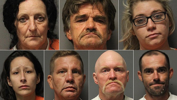 From left to right: Cynthia Hawley, Larry Wade, Amanda Loomis, Kelsey Guerrero, Carl Mattson, Eric Hawley and Robert Schield were arrested on drug charges July 18. (YCSO/Courtesy)