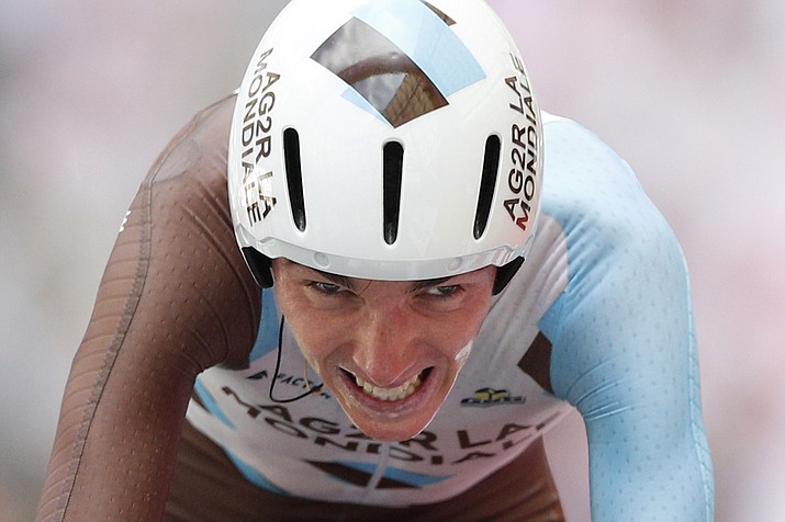 France’s Romain Bardet crosses the finish line in the 20th stage of the Tour de France on Saturday, July 22, 2017. (Christophe Ena/AP)