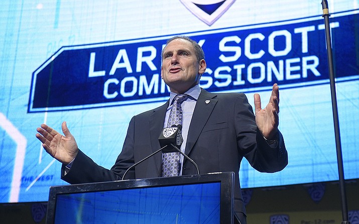 Pac-12 Commissioner Larry Scott speaks at Pac-12 NCAA college football Media Day, Wednesday, July 26, in Los Angeles. (Mark J. Terrill/AP)