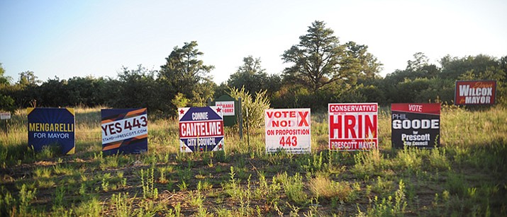 Recent financial disclosures for Prescott’s upcoming primary show that contributions and spending are up this year from previous years, which is resulting in an influx of campaign signs along local streets, including Willow Creek Road and Pioneer Parkway. The city primary is set for Aug. 29, and ballots are expected to go out in the mail in early August. (Les Stukenberg/Courier)