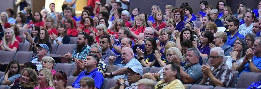 Prescott Unified School District greet Antwone Fisher, American screenwriter, poet, lecturer and best-selling author speaks during the 2017/18 Prescott Unified School District Convocation Monday, July 31 at Prescott High School. (Les Stukenberg/Courier)