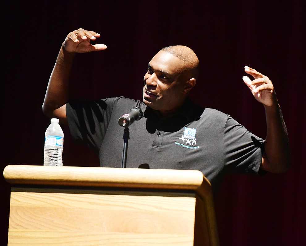 Antwone Fisher, American screenwriter, poet, lecturer and best-selling author speaks during the 2017/18 school Prescott Unified School District Convocation Monday, July 31 at Prescott High School. (Les Stukenberg/Courier)