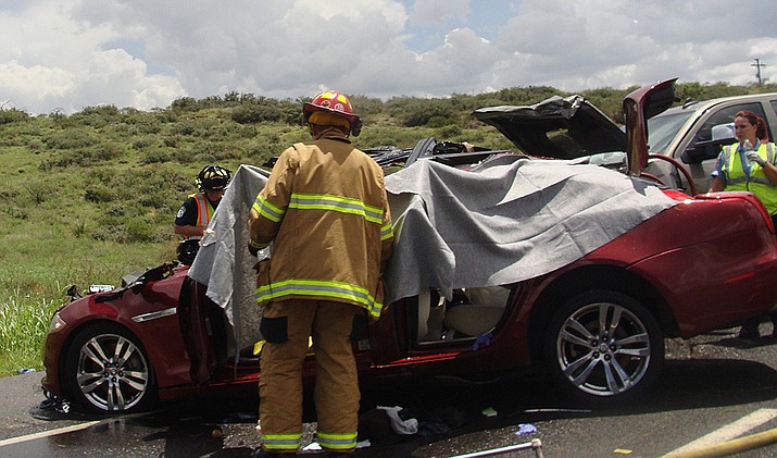 DPS reports that at approximately 11:06 a.m. Friday, two people were killed when a vehicle crossed the median from the southbound side of Highway 69 near Dewey-Humboldt and collided with a second vehicle traveling northbound. (Contributed photo/Millie Owens)