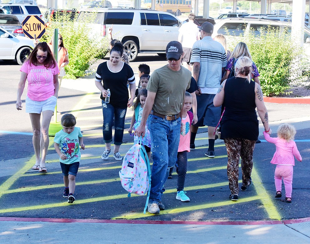 Families arrive for the first day of school at Territorial Elementary School in Chino Valley Tuesday, August 8. (Les Stukenberg/The Daily Courier).