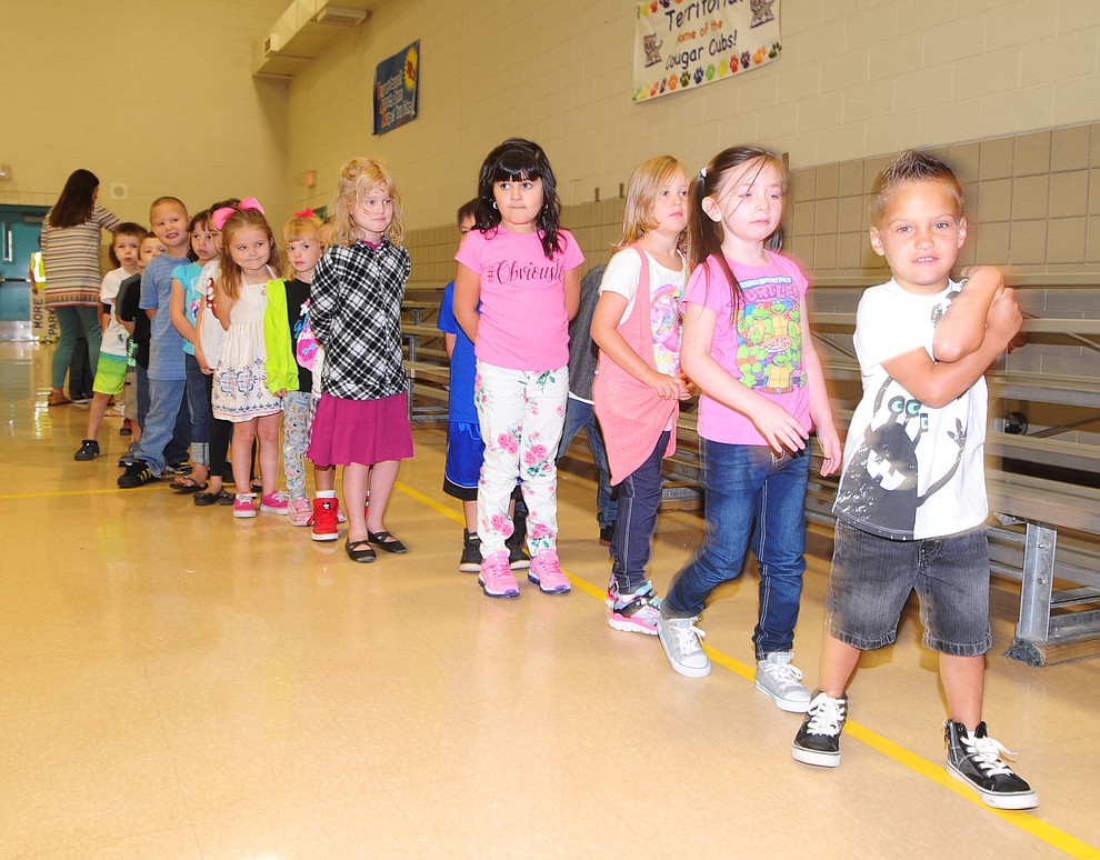 Kindergarten students head to breakfast on the first day of school at Territorial Elementary School in Chino Valley Tuesday, August 8. (Les Stukenberg/The Daily Courier).
