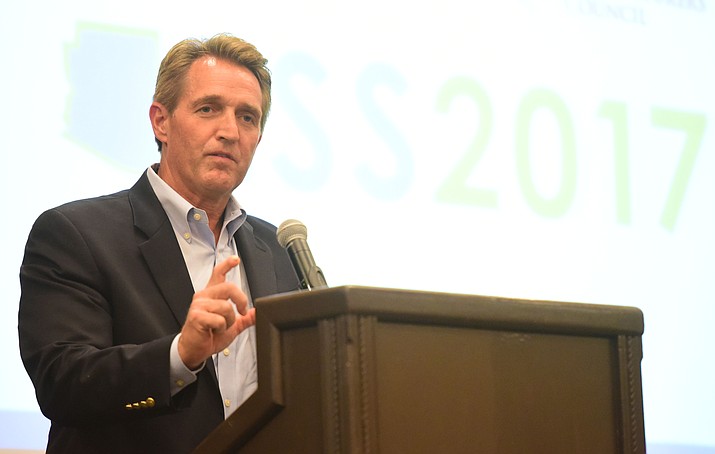 United States Senator (AZ) Jeff Flake gives the keynote address at the Arizona Chamber of Commerce 2017 Environmental and Sustainability Summit at the Prescott Resort Thursday, August 10. (Les Stukenberg/The Daily Courier)
