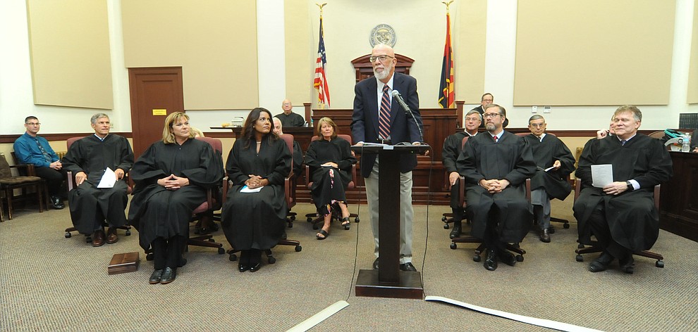 Maricopa County Superior Court Justice William Kiger speaks during the Investiture of Jennifer Campbell to the Arizona Court of Appeals Division One at the Yavapai County Courthouse in Prescott Friday, August 11.(Les Stukenberg/The Daily Courier).