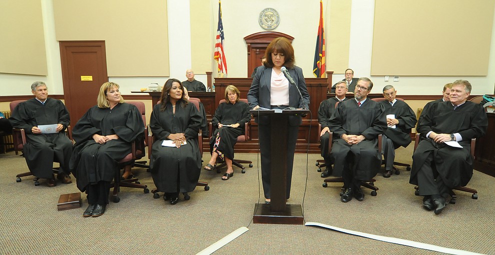 Yavapai County Superior Court Justice Patricia Trebesch speaks during the Investiture of Jennifer Campbell to the Arizona Court of Appeals Division One at the Yavapai County Courthouse in Prescott Friday, August 11.(Les Stukenberg/The Daily Courier).