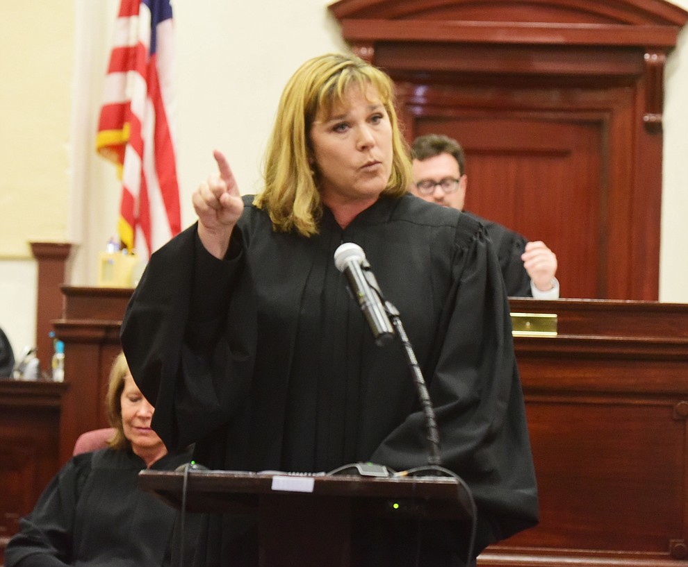 Justice Jennifer Campbell thanks the many people who helped her along her path during her Investiture to the Arizona Court of Appeals Division One at the Yavapai County Courthouse in Prescott Friday, August 11.(Les Stukenberg/The Daily Courier).