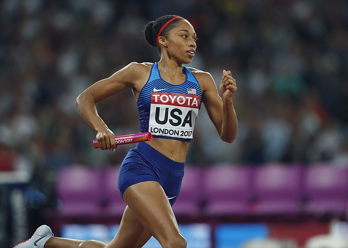 United States’ Allyson Felix competes in the women’s 4x400-meter final during the World Athletics Championships in London Sunday, Aug. 13. (Kirsty Wigglesworth/AP)