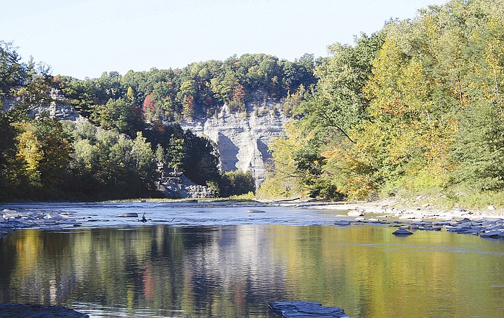 This Oct. 12, 2016, photo shows the Cattaraugus Creek through the Erie County side of Zoar Valley in Gowanda, N.Y. When a Buffalo, New York, family left for a weekend outing, they headed for the Zoar Valley Gorge. But a summer hike turned tragic when both parents, Amanda and William Green, were found dead Sunday, Aug. 20, 2017, at the bottom of a gorge, and both of their young sons were hospitalized. (Rick Miller/Times Herald via AP)
