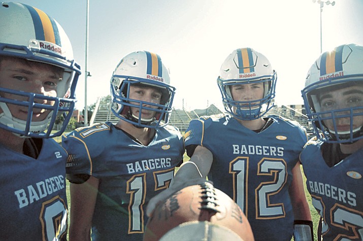 The Prescott football team kicks off its 2017 campaign Friday night at home against Marcos de NIza. Pictured left to right: Kicker Bryce Peters, running back Ryan Greene, quarterback Austin Clark and safety Colton Amos look to lead the Badgers. (Brian M. Bergner Jr./Courier)