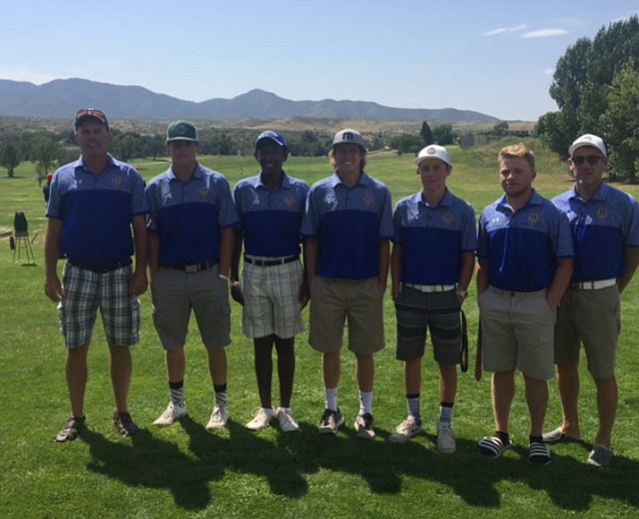 Prescott’s golf team won the two-day Bradshaw Mountain Invitational tournament Saturday at Prescott Golf & Country Club near Dewey. From left, coach Tony Dalton, Brance Christopherson, Beniam Osterloh, Joey Christopherson, Payton Peterson, Dillon Osborn and assistant coach Brek Peterson. (Tony Dalton/Courtesy)