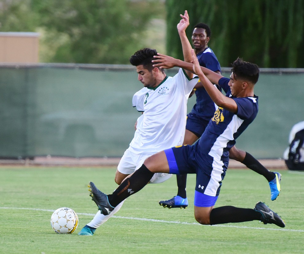 Yavapai's Ziyad Fares takes a shot on goal as the Roughriders take on the Phoenix College Bears Tuesday night at Mountain Valley Park in Prescott Valley. (Les Stukenberg/Courier).