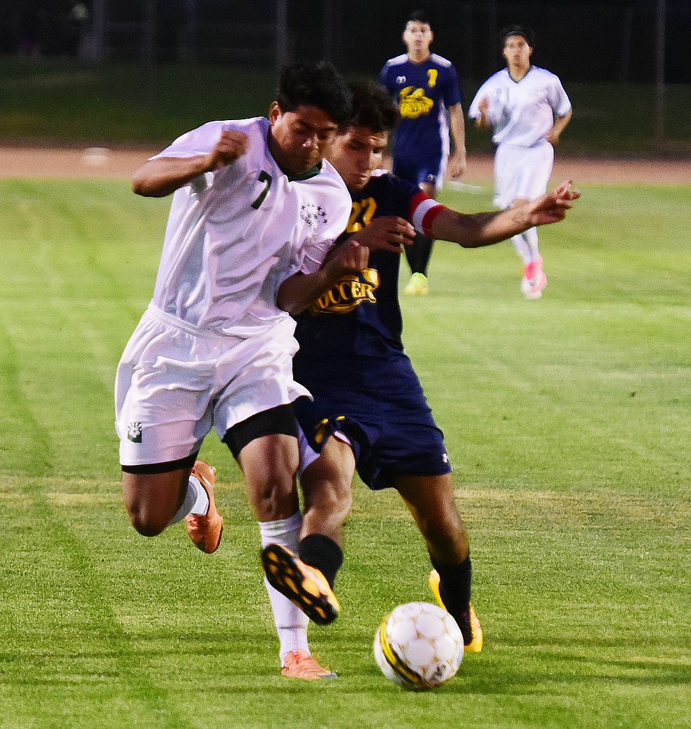 Yavapai's Alexander Guadron brings the ball upfield as the Roughriders take on the Phoenix College Bears Tuesday night at Mountain Valley Park in Prescott Valley. (Les Stukenberg/Courier).