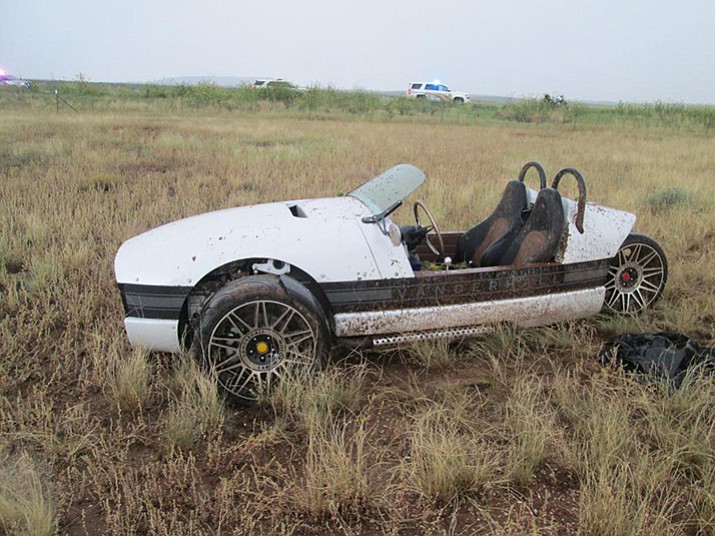 A Vail man’s three-wheeler sits in a field near Seligman after hydroplaning. The man’s neck was cut on a barbed wire fence. (YCSO/Courtesy)