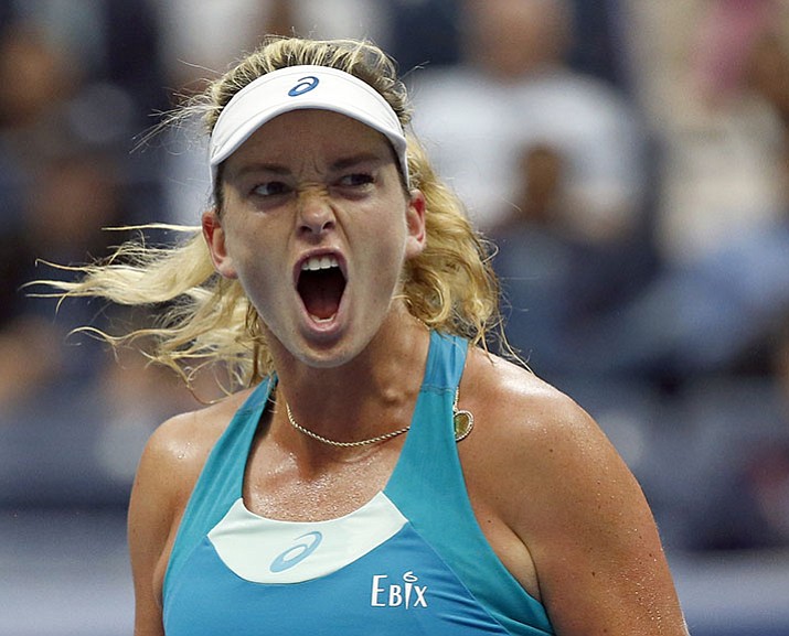 CoCo Vandeweghe, of the United States, shouts during her match with Karolina Pliskova, of Czech Republic, during the quarterfinals of the U.S. Open tennis tournament, Wednesday, Sept. 6, in New York.