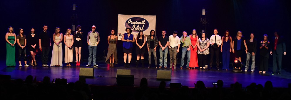 All the singers gather onstage before the winners are announced during finale of the 8th annual Prescott Idol competition at the Yavapai College Performance Hall Wednesday, September 6 in Prescott . (Les Stukenberg/Courier).