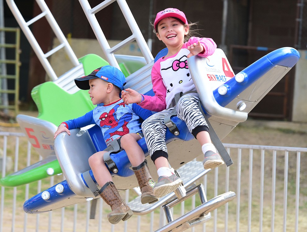 Chino Valley's Ryan and Ruby Smith ride the Skyrace at the 2017 Yavapai County Fair at the Prescott Rodeo Grounds Wednesday, September 7 in Prescott . (Les Stukenberg/Courier).