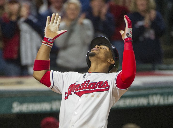 Cleveland Indians’ Francisco Lindor celebrates after hitting a solo home run off Baltimore Orioles starting pitcher Jeremy Hellickson during the sixth inning Sunday, Sept. 10, 2017, in Cleveland. (Phil Long/AP)
