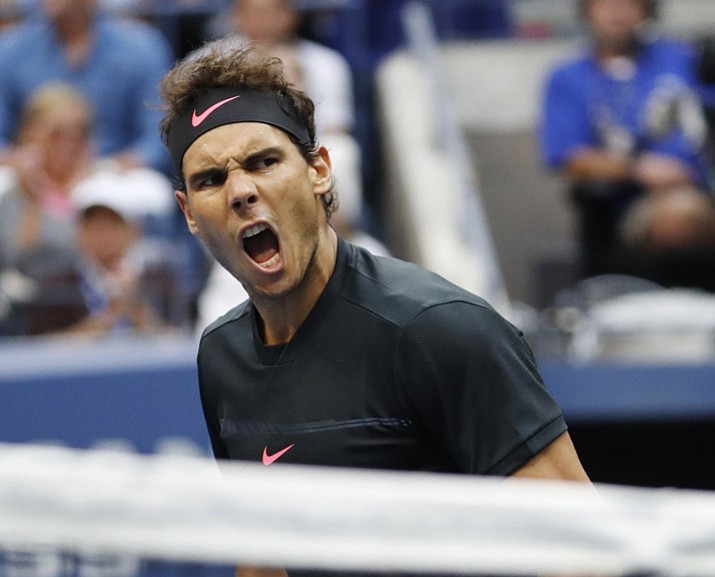 Rafael Nadal, of Spain, reacts after scoring a point against Kevin Anderson, of South Africa, during the men’s singles final of the U.S. Open on Sunday, Sept. 10, 2017, in New York. (Julio Cortez/AP)