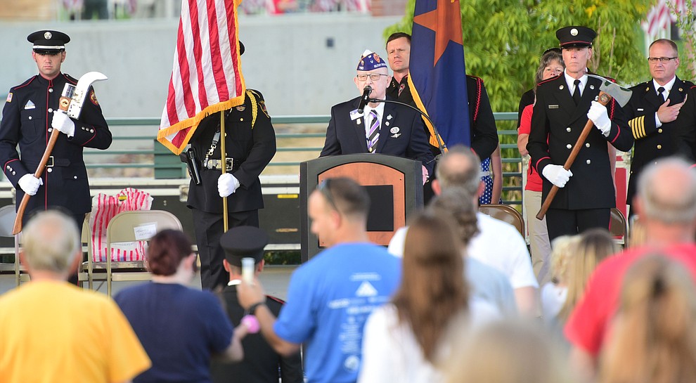 Vietnam veteran Jerry Crosby leads the Pledge of Allegiance during the Prescott Valley 2017 9/11 Patriot Day Ceremony at the Civic Center in Prescott Valley. (Les Stukenberg/Courier).
