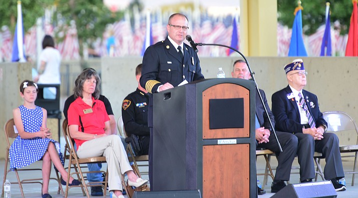 Central Arizona Fire & Medical Authority Chief Scott Freitag speaks during the Prescott Valley 2017 9/11 Patriot Day Ceremony at the Civic Center in Prescott Valley. (Les Stukenberg/Courier).
