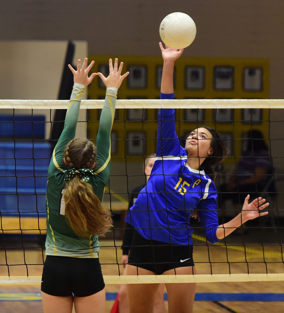 Prescott's Madison Wood (15) gets the kill down the line as they play Mohave in volleyball Tuesday, September 12 in Prescott. (Les Stukenberg/Courier).