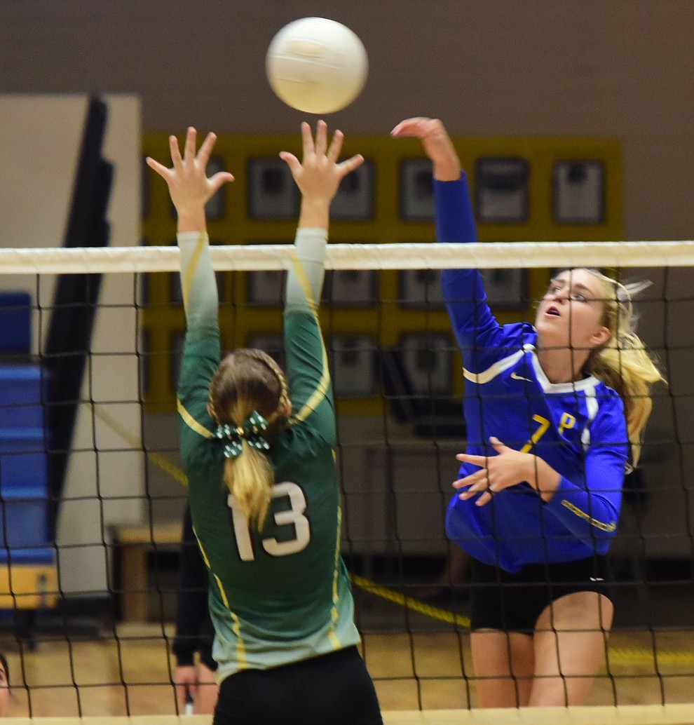 Prescott's Katherine Radavich (7) goes for the kill as they play Mohave in volleyball Tuesday, September 12 in Prescott. (Les Stukenberg/Courier).