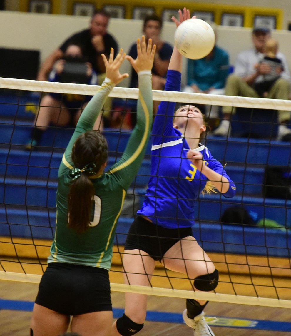 Prescott's Daphne Skinner goes for the kill as they play Mohave in volleyball Tuesday, September 12 in Prescott. (Les Stukenberg/Courier).