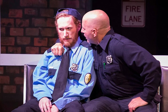 Will Larson (left) plays security guard Jeff, who faces a moral crisis in “Lobby Hero.” Michael Holevar (right) plays NYPD officer Bill. (Torrence Dunham/Courtesy)