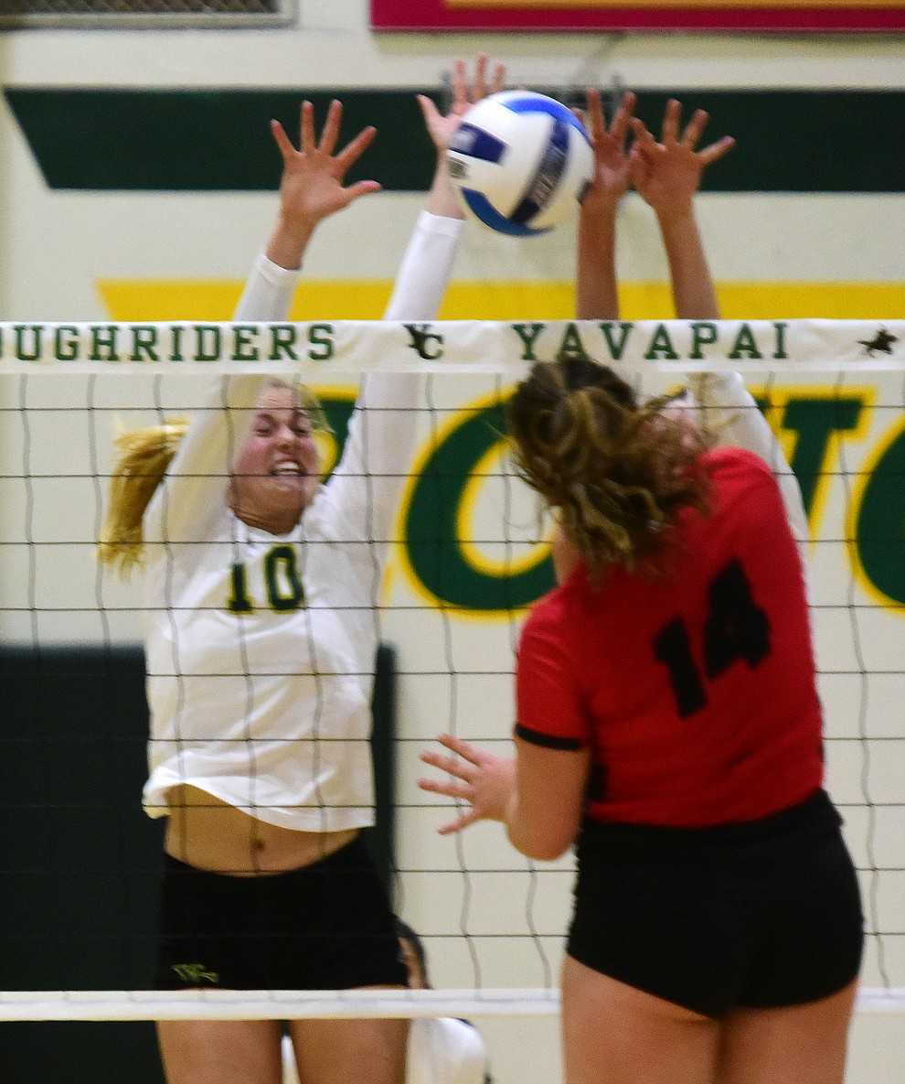 Yavapai's Baylie Anderson (10) gets a block as the Roughriders take on Glendale Wednesday, September 13 in Prescott. (Les Stukenberg/Courier).
