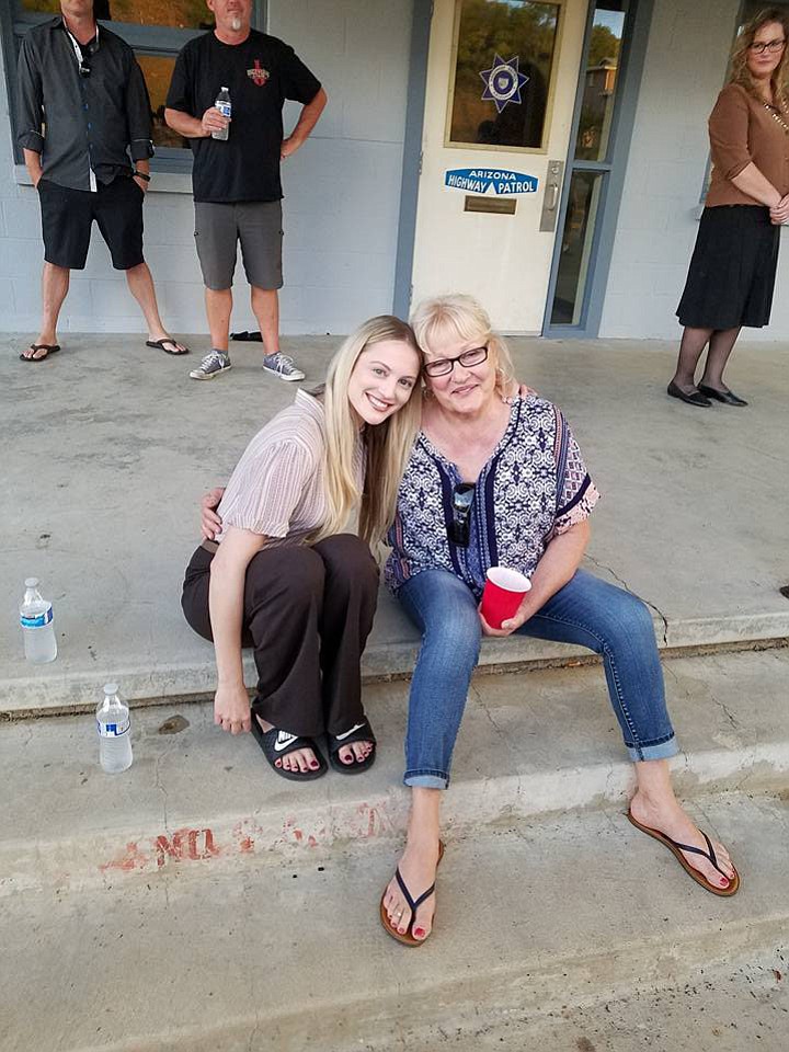 Kirby Bliss Blanton (Hawaii 5-0, Project X) poses with Kitty Shankwitz on the set of the Wish Man. Production of the Wish Man movie began in Prescott the week of Sept. 11. Kirby is portraying Kitty in the movie. (Frank Shankwitz/Courtesy)