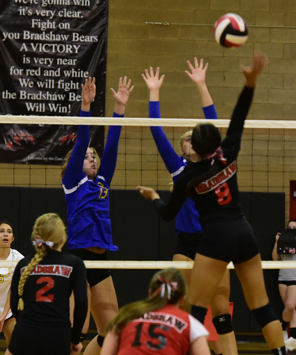 Bradshaw Mountain's Mailani Manuel goes for a kill as they hosted cross-town rival Prescott in a volleyball matchup Thursday, September 14 in Prescott Valley. (Les Stukenberg/Courier).