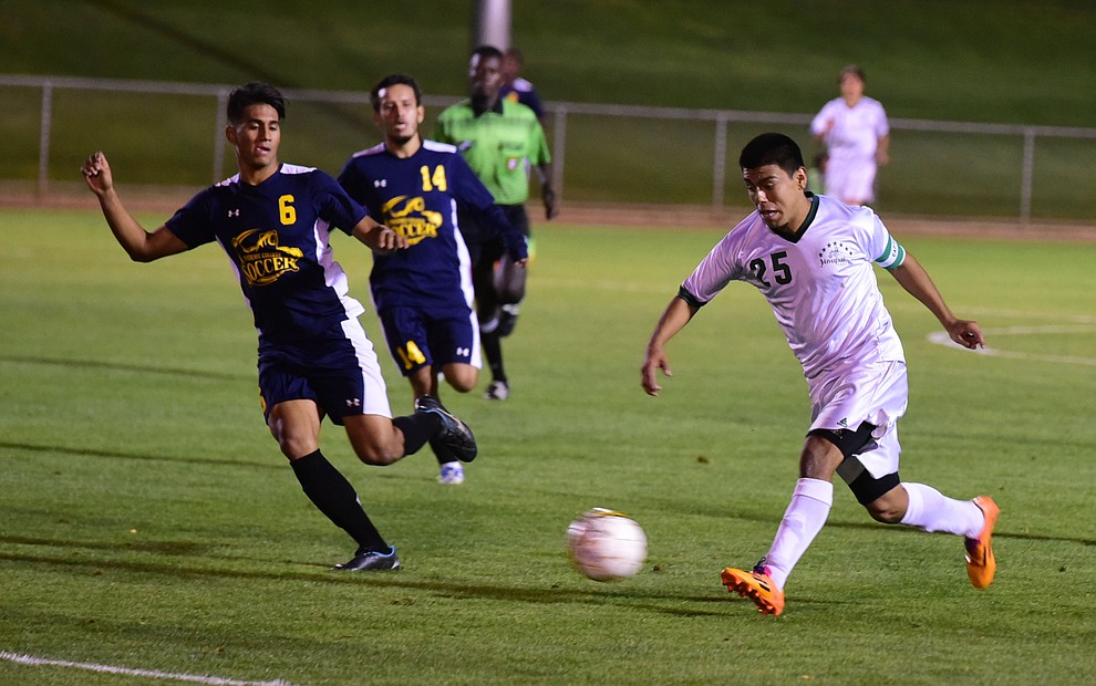 Yavapai's Jose Perez Flores takes a shot on goal in overtime as the Roughriders played to a 1-1 draw against Phoenix College in a makeup game Thursday, September 14 in Prescott Valley. (Les Stukenberg/Courier).