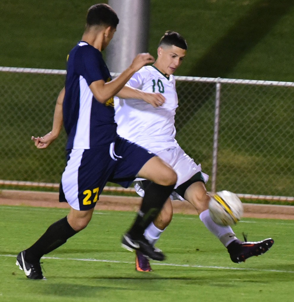 Yavapai's Carlos Quesada takes a shot on goal as the Roughriders played to a 1-1 draw against Phoenix College in a makeup game Thursday, September 14 in Prescott Valley. (Les Stukenberg/Courier).