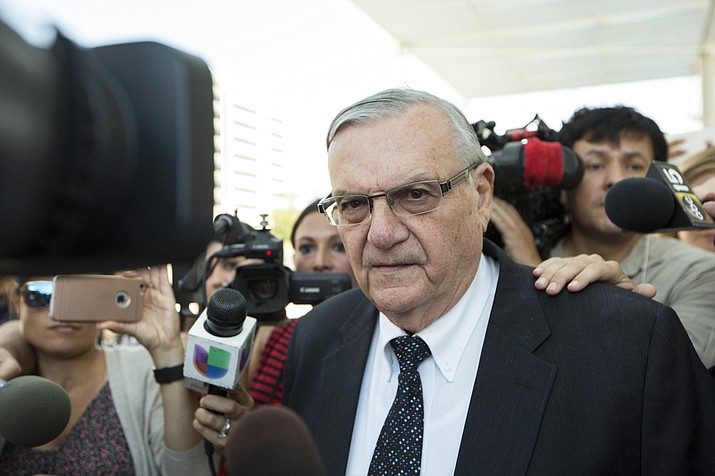 Joe Arpaio, who was pardoned by President Donald Trump from his federal contempt-of-court conviction in an immigration case is experiencing a wobbly return to the public speaking circuit. Arpaio's first appearance following his Aug. 25 pardon was on Monday, before a Republican group in Prescott, Arizona. (AP Photo/Angie Wang, File)