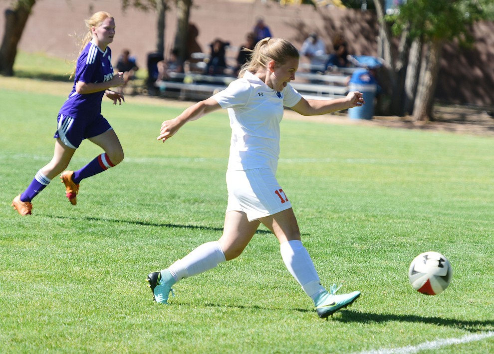 Chino Valley's Serena Reed tallies a goal as the Cougars routed Payson in a girls soccer matchup Tuesday afternoon in Chino Valley. (Les Stukenberg/Courier)..