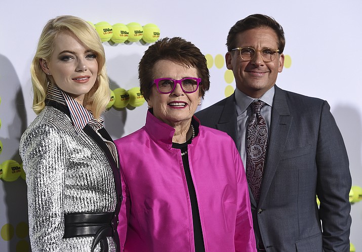 Emma Stone, from left, tennis great Billie Jean King and Steve Carell arrive at the Los Angeles premiere of "Battle of the Sexes" in Los Angeles. Stone portrays King in the film. (Photo by Jordan Strauss/Invision/AP, Sept. 17, 2017 File)
