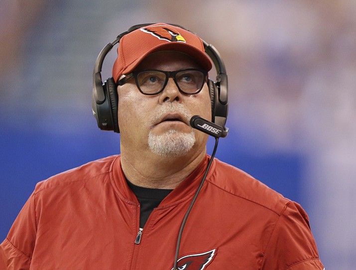 Arizona Cardinals head coach Bruce Arians looks at a replay during the first half against the Indianapolis Colts on Sunday, Sept. 17, 2017, in Indianapolis. (Michael Conroy/AP)