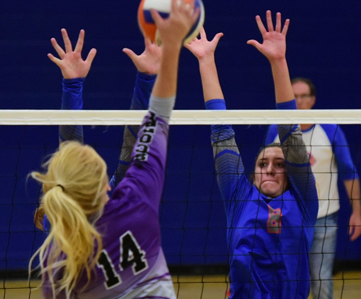 Chino Valley volleyball player Sophia Lopez (8) goes for a block as the Cougars host Sedona on Thursday, Sept. 21, 2017, in Chino Valley. (Les Stukenberg/Courier)
