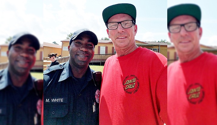 Cottonwood’s Ken Wood, right, and Patton Village, Texas, Police Officer Michael White worked hand in hand distributing food, water, and supplies to victims of Hurricane Harvey last week. (Photos courtesy of Ken Wood)