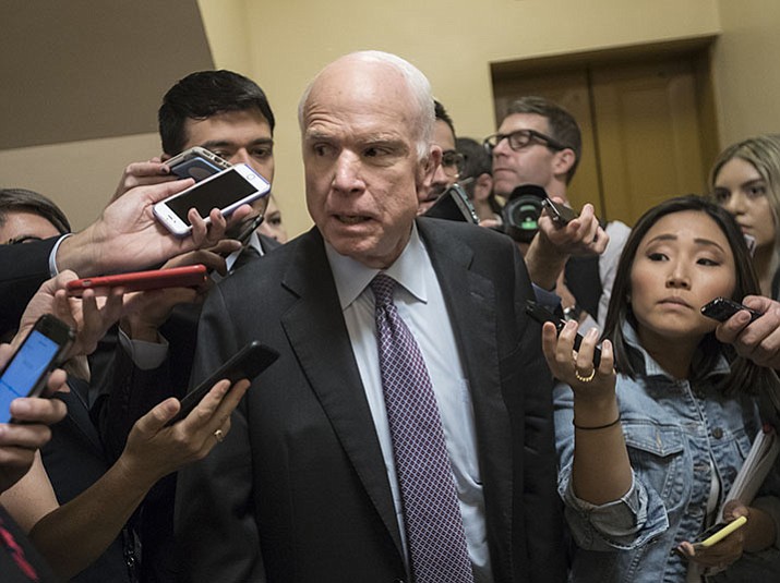 Sen. John McCain, R-Ariz., arrives at the Capitol for a weekly Republican policy meeting, in Washington, Tuesday, amid the diminishing, last-ditch GOP push to overhaul the nation's health care system. Looking at the twilight of his career and a grim cancer diagnosis, McCain, who prides himself on an independent streak, could not be moved to go along with the Graham-Cassidy bill. (AP Photo/J. Scott Applewhite)