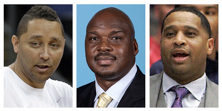 These file photos show, assistant basketball coaches Tony Bland, left, Chuck Person, center, and Lamont Richardson.  The three, along with assistant coach Lamont Evans of Oklahoma State, were identified in court papers and are among 10 people facing federal charges in Manhattan federal court, Tuesday, Sept. 26, 2017, in a wide probe of fraud and corruption in the NCAA, authorities said. (AP Photo/File)