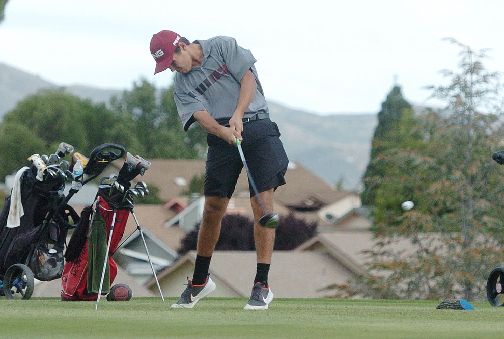 Bradshaw Mountain's Carson Randa tees off on the 5th hole at Prescott Golf and Country Club Tuesday, September 26 in Dewey-Humboldt. (Les Stukenberg/Courier)