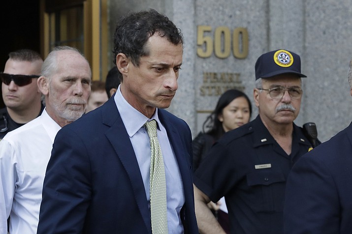 Former Congressman Anthony Weiner leaves federal court following his sentencing, Monday, Sept. 25, 2017, in New York. Weiner was sentenced to 21 months in a sexting case that rocked the presidential race. (AP Photo/Mark Lennihan)