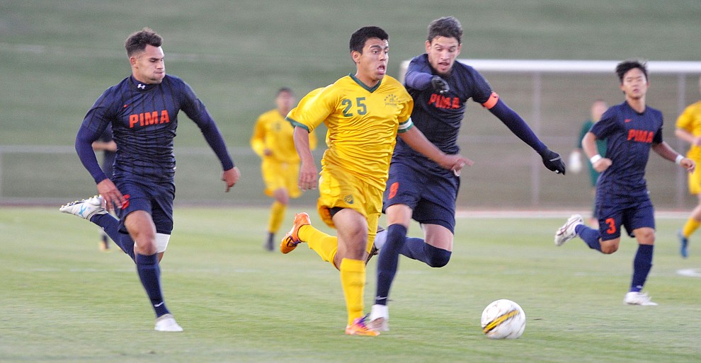 Yavapai's Jose Perez Flores (25) brings the ball upfield as the Roughriders take on Pima Community College in soccer Tuesday night in Prescott Valley. (Les Stukenberg/Courier)